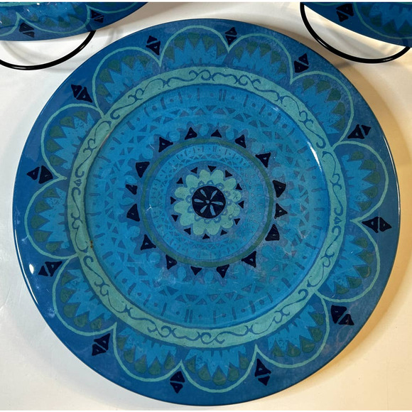 IL Mulino New York Set Of (5) 100% Melamine Turquoise Blue Abstract Print Plates - Picture 4 of 10